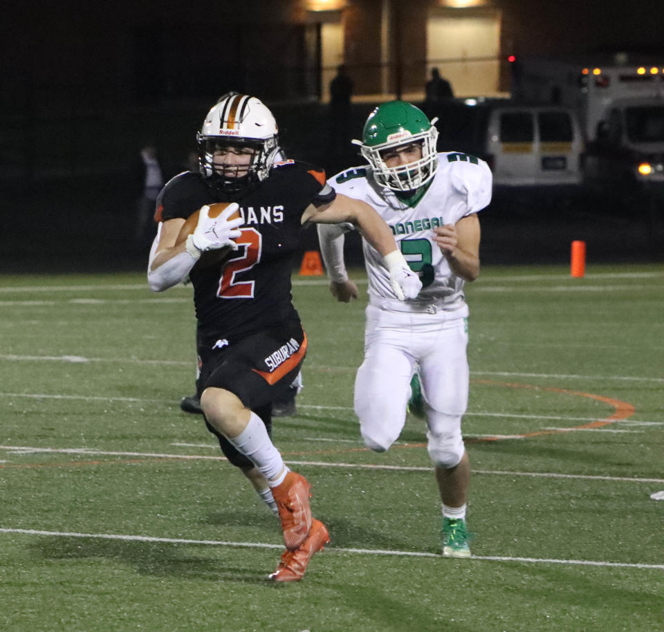 York Suburban's Mike Bentivegna runs the ball down the field during a District 3 Class 5A playoff game against Donegal at York Suburban High School on Friday, Nov. 4, 2022. York Suburban won, 41-6, for the program's first district victory since 1986.