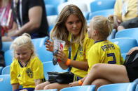 <p>Mikael Lustig of Sweden’s wife Josefin Johnsson looks on during the 2018 FIFA World Cup Russia Quarter Final match between Sweden and England at Samara Arena on July 7, 2018 in Samara, Russia. (Photo by Ryan Pierse/Getty Images) </p>