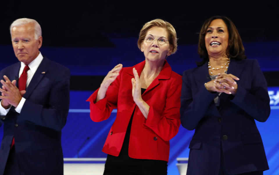 Former Vice President Joe Biden, Sen. Elizabeth Warren and Sen. Kamala Harris onstage in Houston on Sept. 12. (Photo: Jonathan Bachman/Reuters)