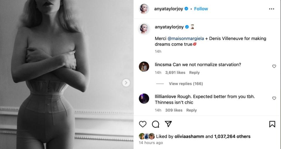 Anya Taylor-Joy posted an Instagram photo of herself in a photo, causing controversy. Instagram/@anyataylorjoy