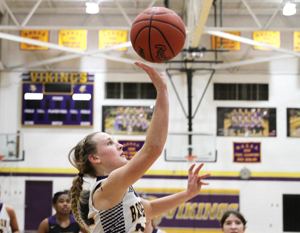 Addison Harris of Bronson scores two points for the Lady Vikings against Concord on Thursday.