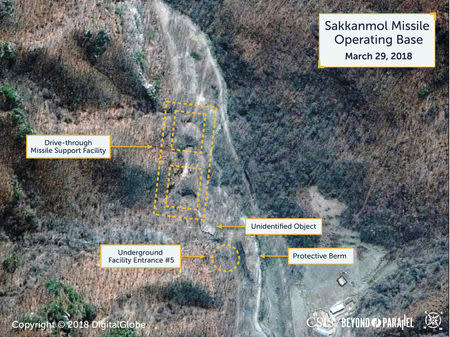 A Digital Globe satellite image taken on March 29, 2018 shows what the Washington, D.C.-based Center for Strategic and International Studies (CSIS) Beyond Parallel project reports is an undeclared missile operating base at Sakkanmol, North Korea and provided to Reuters on November 12, 2018. CSIS/Beyond Parallel/DigitalGlobe 2018/Handout via REUTERS