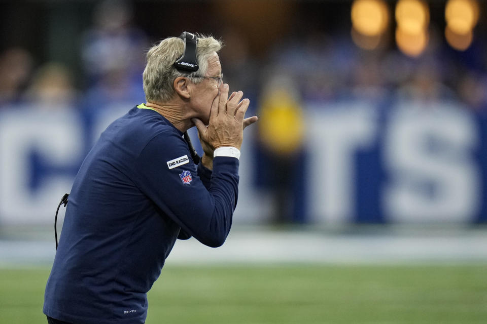 Seattle Seahawks head coach Pete Carroll] yells to his team as they played against the Indianapolis Colts during the first half of an NFL football game in Indianapolis, Sunday, Sept. 12, 2021. (AP Photo/AJ Mast)