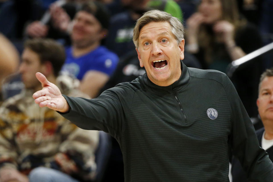 Minnesota Timberwolves head coach Chris Finch yells at a referee about a technical foul benefitting the Oklahoma City Thunder in the fourth quarter of an NBA basketball game Saturday, Dec. 3, 2022, in Minneapolis. (AP Photo/Bruce Kluckhohn)