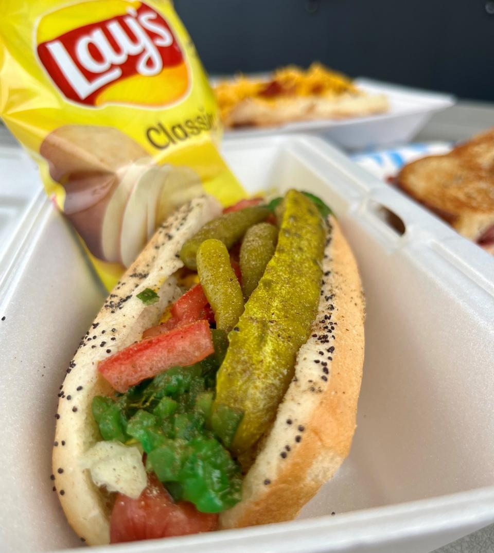 The Chicago dog is one of several specialty hot dogs available at Bimini Bites Home of The Flying Dog.