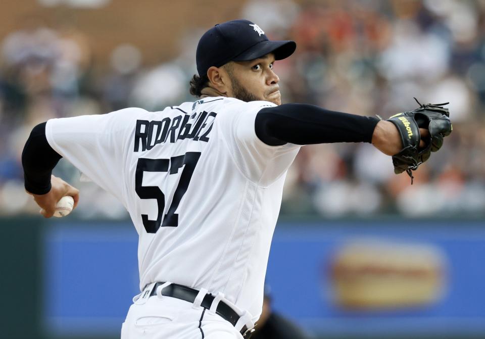 Tigers pitcher Eduardo Rodriguez pitches against the Astros during the second inning at Comerica Park on Saturday, Aug. 26, 2023.