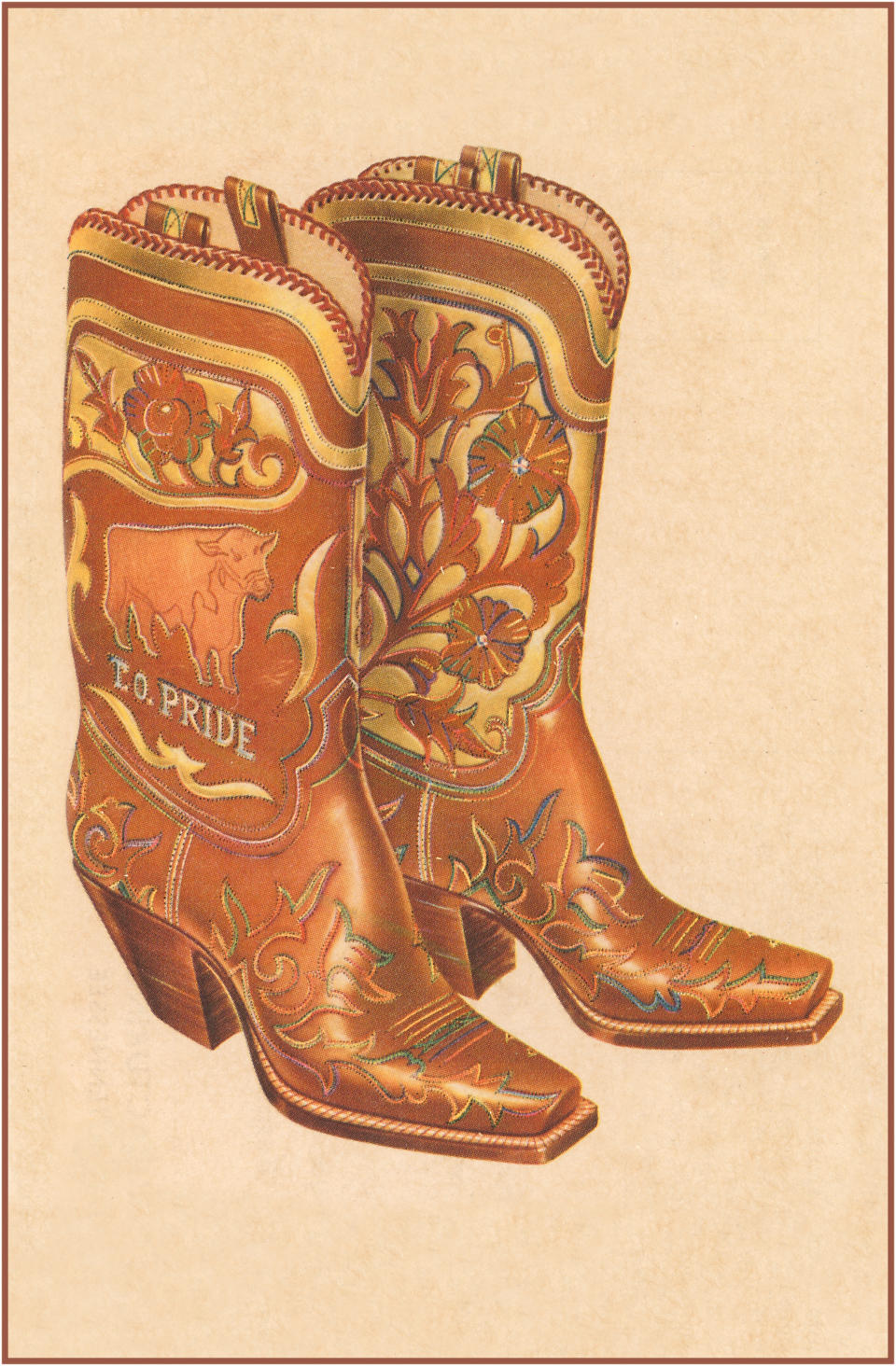 Western boots, leather, cowboy, historical, illustration.