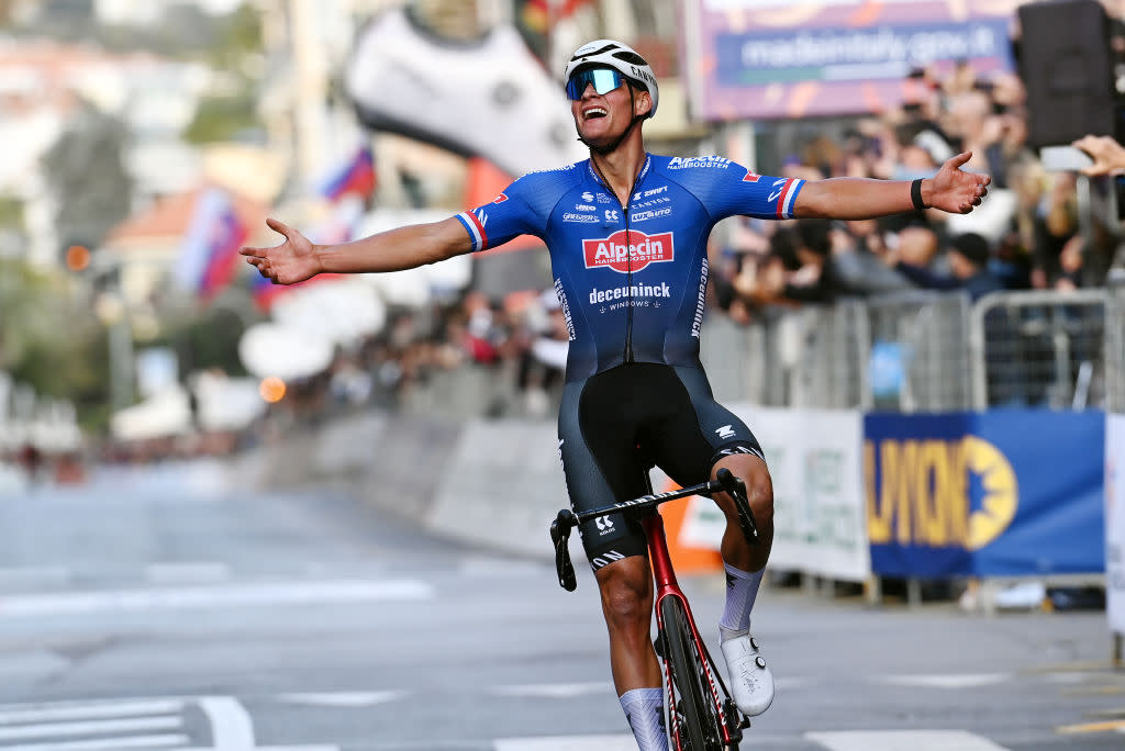  Mathieu van der Poel (Alpecin-Deceuninck) celebrates victory in the 2023 edition of Milan-San Remo 