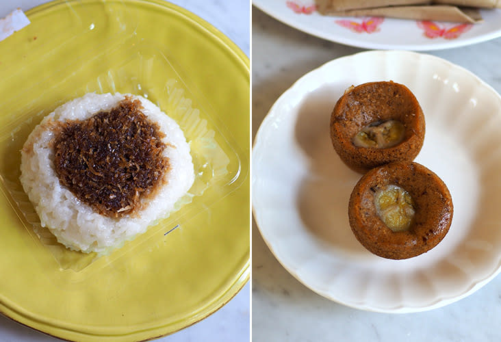 You can enjoy a huge portion of 'pulut inti' for just RM2 (left). Their fluffy 'apam' with banana is satisfying for a slight sweet treat (right).