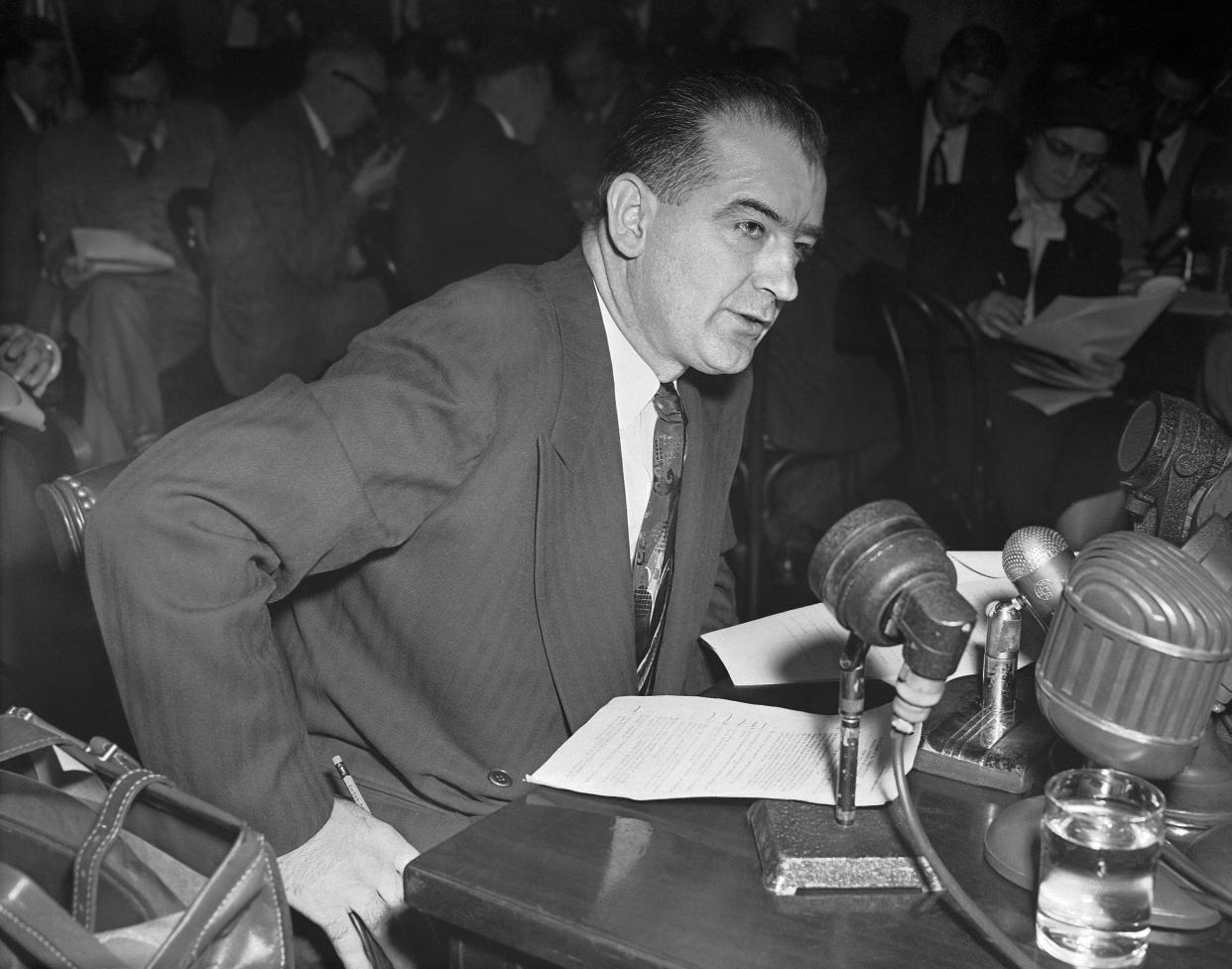 Sen. Joseph McCarthy (R-Wis.) accuses Haldore Hanson, key State Department official, of "pro-Communist" activities dating back to 1938 during a Senate foreign relations subcommittee on March 13, 1950.