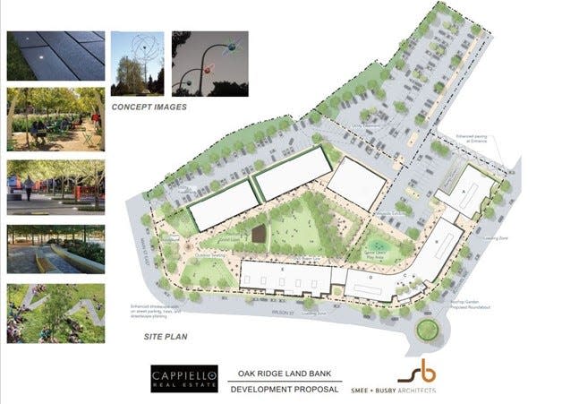 This image shows the general site plan for development on a future 'downtown Oak Ridge' site by Capiello Real Estate with concept images of ideas the developer may pursue. Capiello Real Estate's possible buildings are shown curving around along Wilson Street while Machinations' possible buildings are in back, adjacent to a parking area accessible from Main Street East.