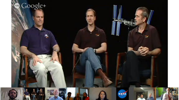 Astronauts (L to R) Kevin Ford, Tom Marshburn and Chris Hadfield take part in an online chat on the social media platform Google+, May 23, 2013.