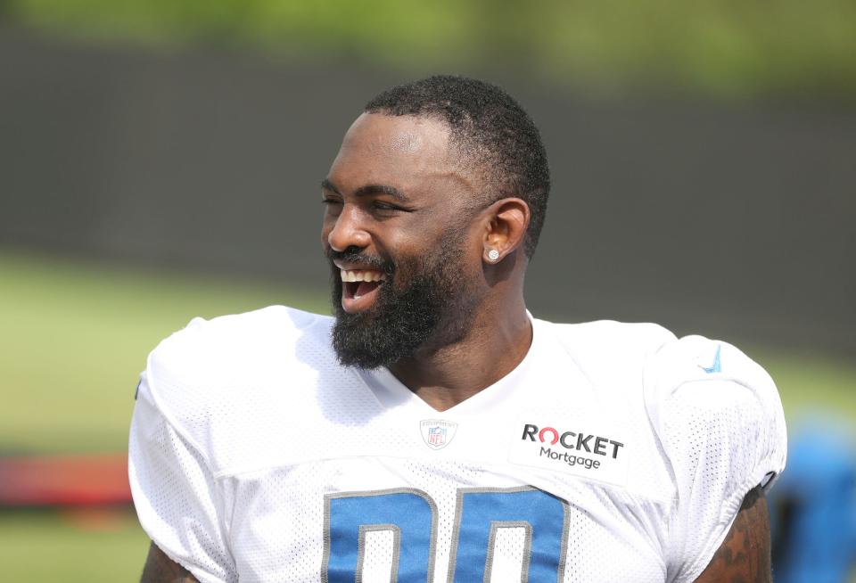 Lions defensive lineman Michael Brockers talks  after practice Monday, August 1, 2022 in Allen Park.