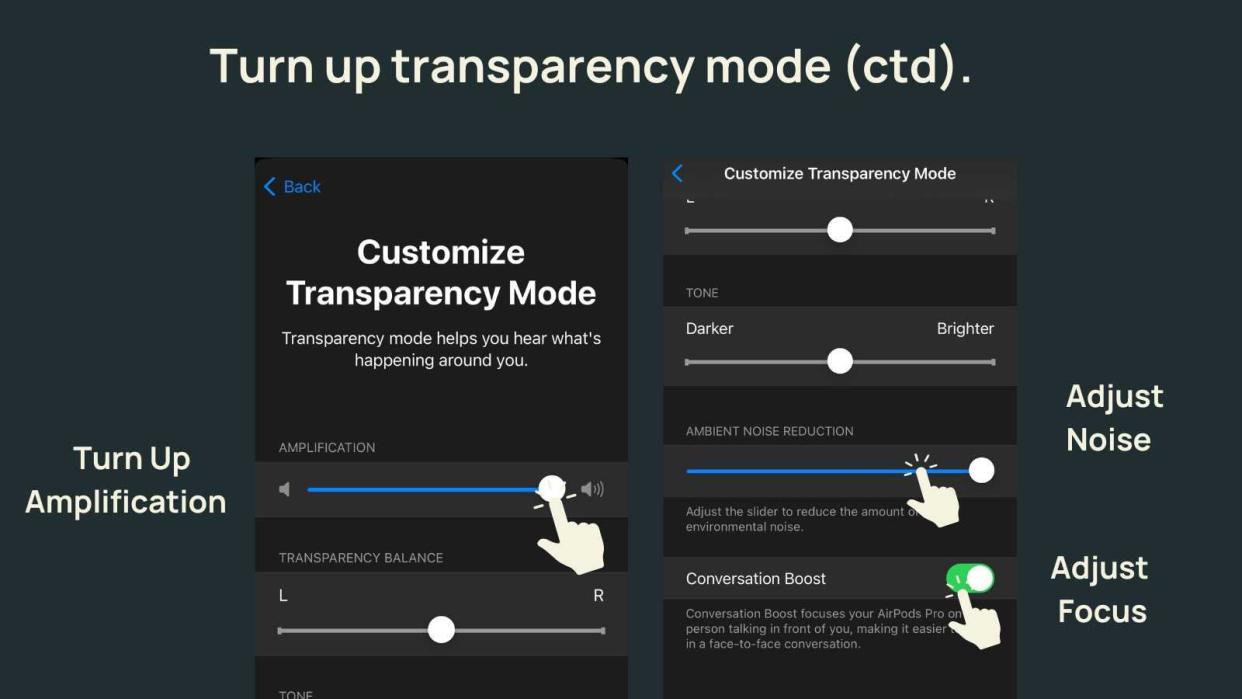 Tutorial showing how to turn up transparency mode and add conversation boost to AirPods Pro