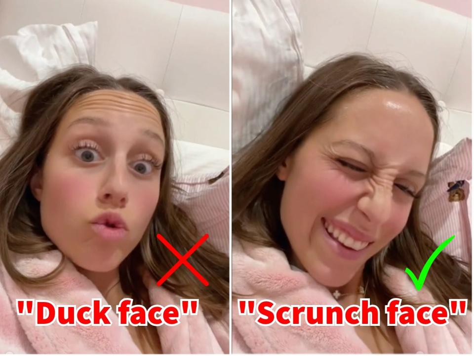 The TikToker doing a duck face (left) and a "scrunch face" (right).