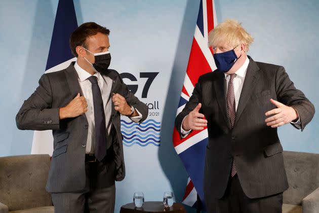 Britain's Prime Minister Boris Johnson and France's President Emmanuel Macron take part in a bilateral meeting during the G7 summit in Carbis bay, Cornwall on June 12, 2021. (Photo by Ludovic MARIN / AFP) (Photo by LUDOVIC MARIN/AFP via Getty Images) (Photo: LUDOVIC MARIN via Getty Images)