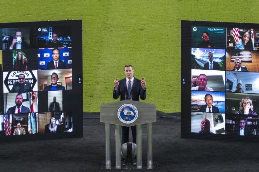 LOS ANGELES CA - March 09: Gov. Gavin Newsom delivers his third State of the State address to the Legislature and public virtually from en empty Dodger Stadium in Los Angeles Tuesday, March 9, 2021. There is no in-person audience at the outdoor location and public health guidelines are strictly observed. Photo taken at Dodger Stadium on Tuesday, March 9, 2021 in Los Angeles, CA. (Allen J. Schaben / Los Angeles Times)