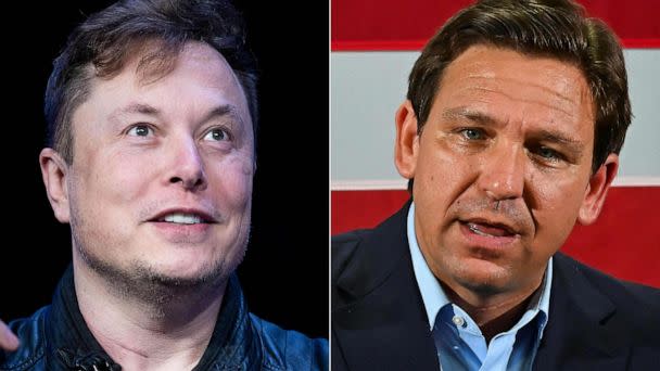 PHOTO: FILE - This combination of pictures shows Elon Musk, founder of SpaceX, at the Washington Convention Center in Washington, DC, March 9, 2020, and Florida Governor Ron DeSantis during an event in Hialeah, Florida, Nov. 7, 2022. (Brendan Smialowski/AFP via Getty Images, FILE)