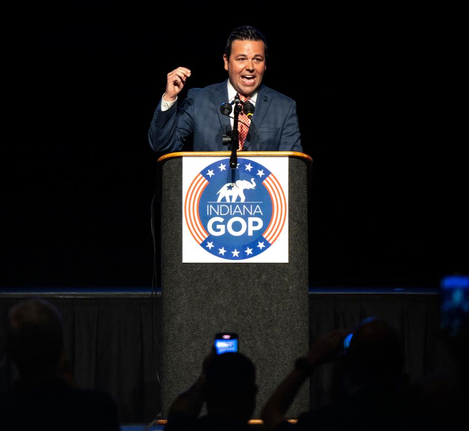 Micah Beckwith gives his acceptance speech after earning the Republican nomination for lieutenant governor Saturday, June 15, 2024, during the 2024 Indiana GOP State Convention in Indianapolis, Ind.