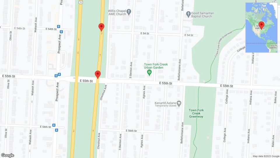 A detailed map that shows the affected road due to 'Broken down vehicle on northbound the Bruce R Watkins Expressway/US-71 in Kansas City' on December 16th at 1:07 p.m.