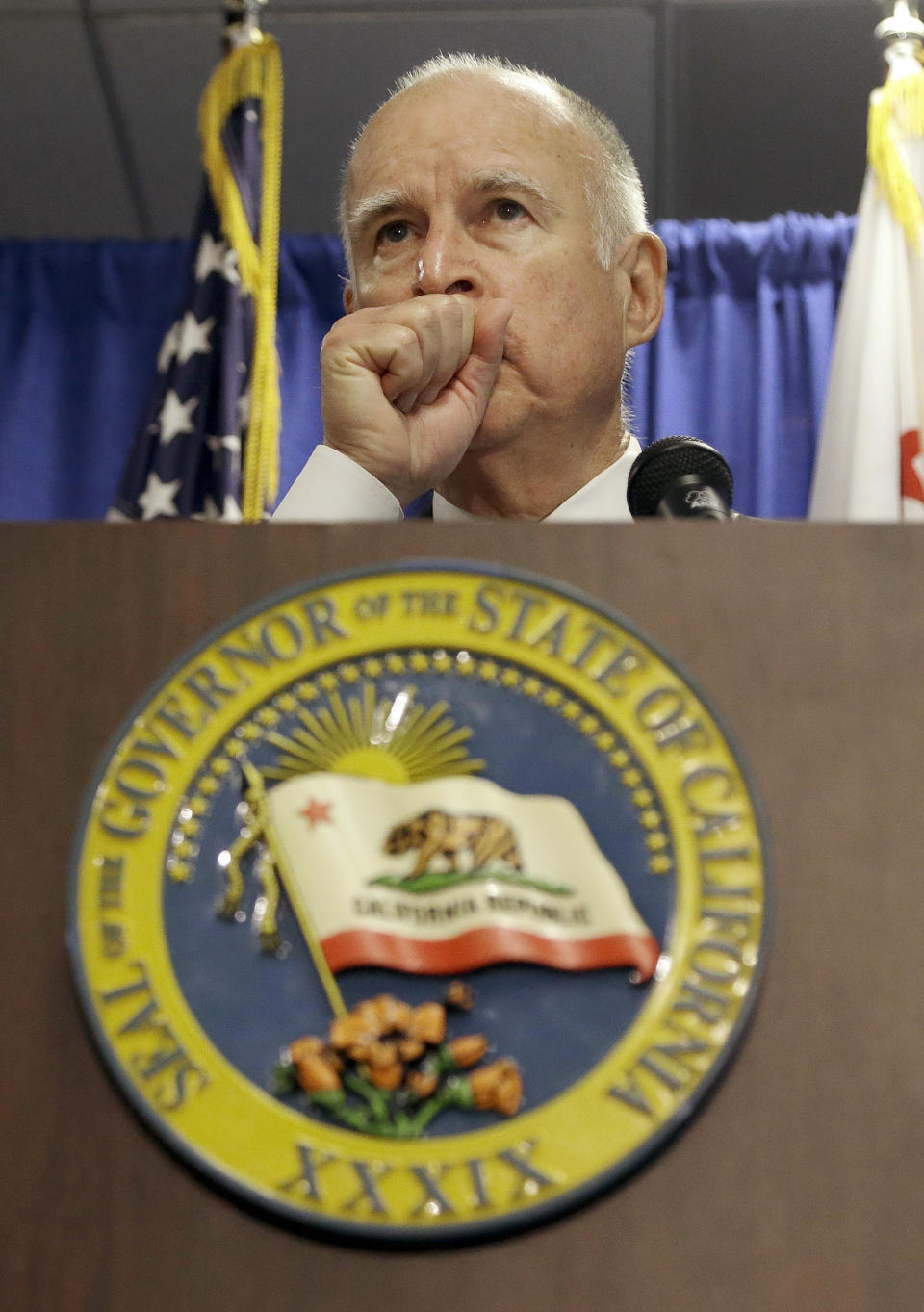 Gov. Jerry Brown pauses while declaring drought state of emergency in San Francisco, Friday, Jan. 17, 2014. With a record-dry year, reservoir levels under strain and no rain in the forecast, California Gov. Jerry Brown formally proclaimed the state in a drought Friday, confirming what many already knew. Brown made the announcement in San Francisco amid increasing pressure in recent weeks from the state's lawmakers, including Democratic Sen. Dianne Feinstein. (AP Photo/Jeff Chiu)