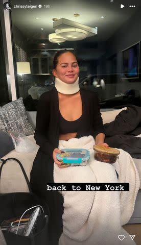 <p>Chrissy Teigen/ Instagram</p> Chrissy Teigen wears her neck brace in Instagram Stories post