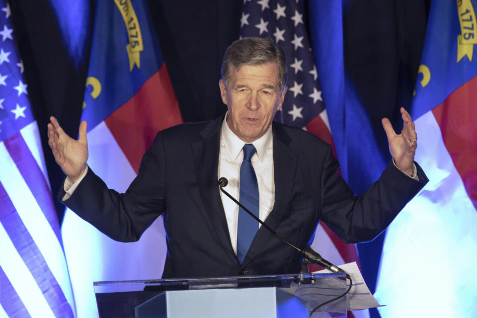 FILE - North Carolina Gov. Roy Cooper speaks at a primary election night event hosted by the North Carolina Democratic Party in Raleigh, N.C., on May 17, 2022. With abortion restrictions, looser gun rules and deeper tax reductions likely in the balance, North Carolina Republican lawmakers and Democratic Gov. Roy Cooper are fighting in the campaign trenches over whose policy agenda will win out in Cooper's final two years in office. (AP Photo/Ben McKeown, File)