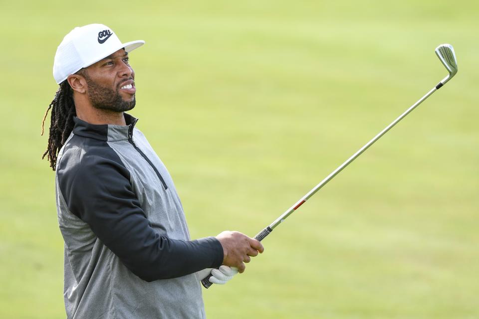 PEBBLE BEACH, CA - FEBRUARY 07: Larry Fitzgerald watches his shot on the eighth hole fairway during the first round of the AT&T Pebble Beach Pro-Am at Monterey Peninsula Country Club, on February 7, 2019 in Pebble Beach, California. (Photo by Ben Jared/PGA TOUR)