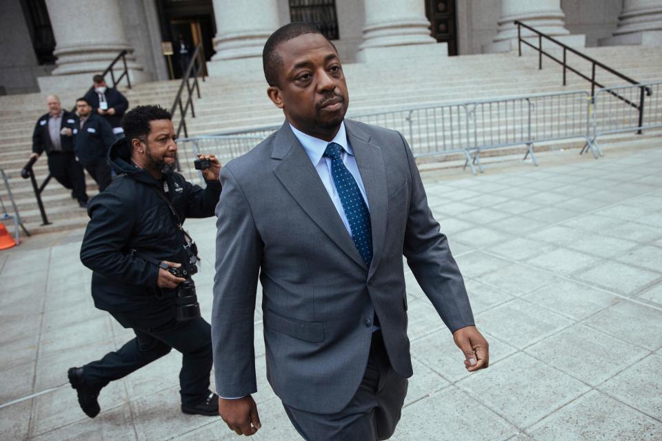 Former New York Lieutenant Governor Brian Benjamin leaves a hearing in federal court on Monday, April. 18, 2022, in New York. Benjamin previously plead not guilty to corruption charges. (AP Photo/Kevin Hagen) ORG XMIT: NYKH104