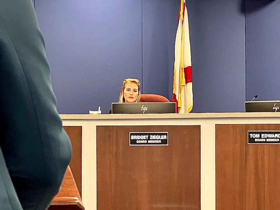 Sarasota School Board member Bridget Ziegler listens to public comment calling on her to resign at a meeting Tuesday, January 16, 2024.