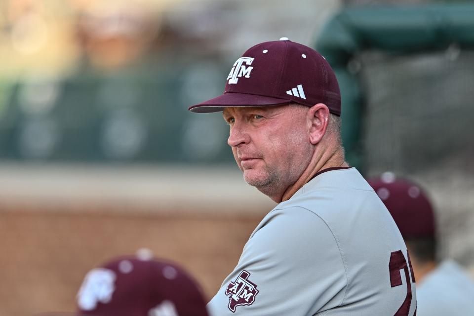 Jun 9, 2024; College Station, TX, USA; Texas A&M head coach Jim Schlossnagle looks on prior to the game against Oregon at Olsen Field, Blue Bell Park.