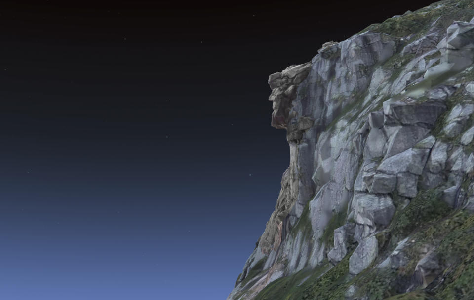 In this image taken on April 28, 2023, in Hanover, New Hampshire, an interactive 3D model of the state's Old Man of the Mountain is shown back on Cannon Cliff in Franconia Notch. It's been 20 years since the granite profile collapsed into pieces. The rubble was discovered on May 3, 2003. (Matthew Maclay via AP)