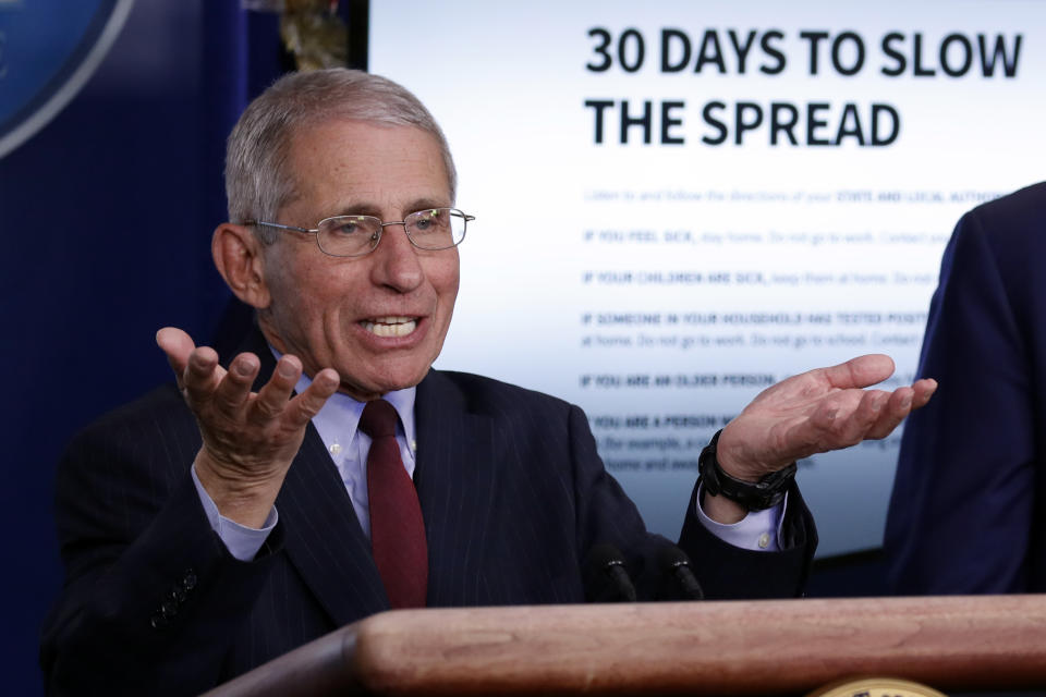 Dr. Anthony Fauci, director of the National Institute of Allergy and Infectious Diseases, speaks about the coronavirus in the James Brady Press Briefing Room of the White House, Tuesday, March 31, 2020, in Washington. (AP Photo/Alex Brandon)