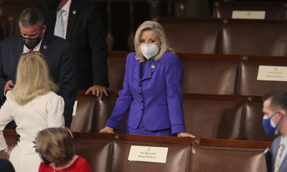 U.S. House Republican Conference Chairperson Rep. Liz Cheney waits for President Biden to deliver his first address to a joint session of Congress in the House chamber of the U.S. Capitol on April 28, 2021 in Washington, D.C. / Credit: JONATHAN ERNST / Getty Images