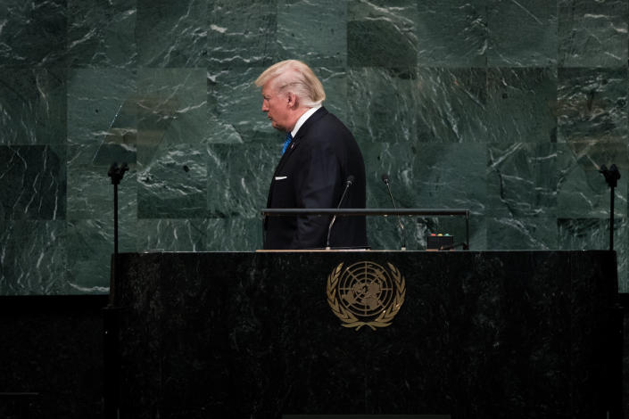 <p>President Trump leaves the lecture after addressing the United Nations General Assembly at U.N. headquarters, Sept. 19, 2017 in New York City. (Photo: Drew Angerer/Getty Images) </p>