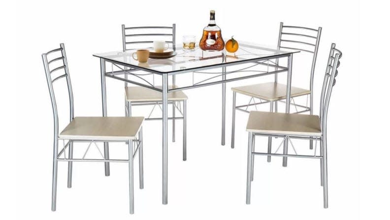 A dinner for four is possible with this inexpensive table-and-chairs set.
