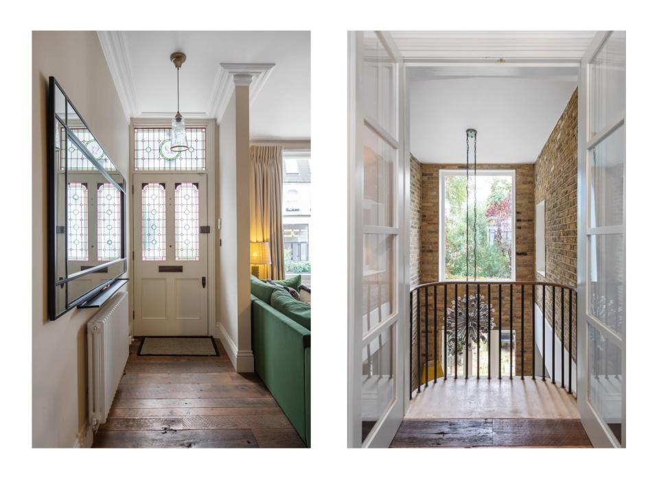 on the left is an image of the property's hallway featuring a white front door on the right is an image of the property's mezzanine and high ceilings