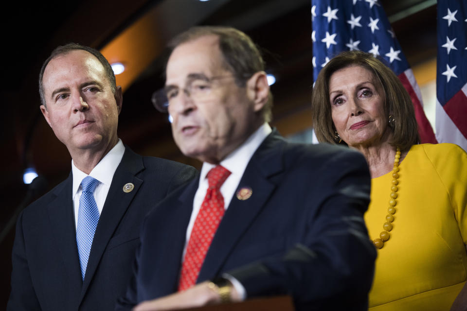 From left, House Intelligence Committee Chairman Adam Schiff, D-Calf., Judiciary Chairman Jerrold Nadler, D-N.Y., and Speaker Nancy Pelosi, D-Calif., conduct a news conference on the testimony of former special counsel Robert Mueller on his investigation into Russian interference in the 2016 election on Wednesday, July 24, 2019. (Photo: Tom Williams/CQ Roll Call via Getty Images)