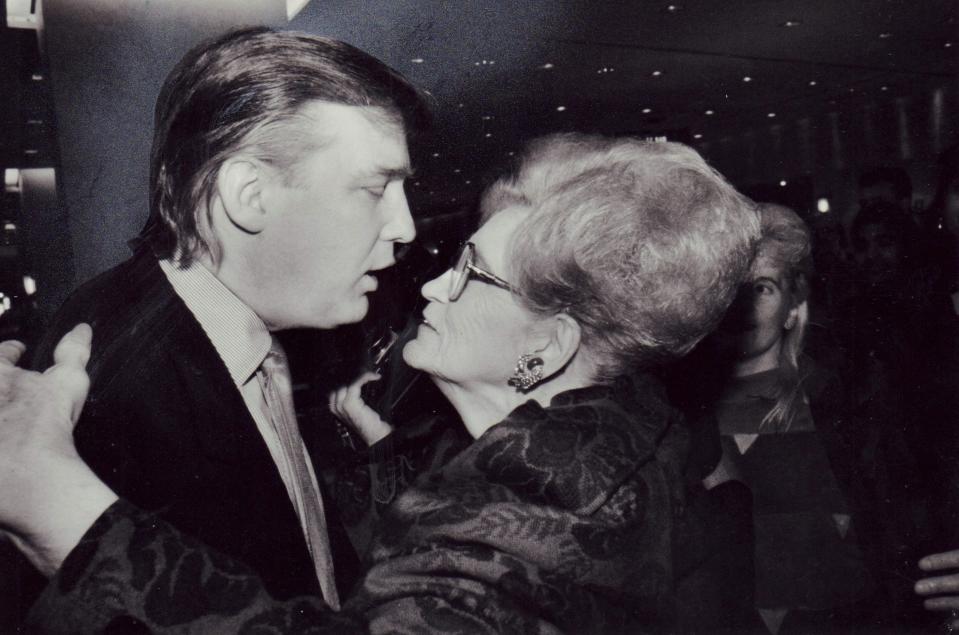 New York, N.Y.: Real estate executive Donald Trump embraces his mother Mary Trump at the opening of the first Galleries Lafayette in the United States at Trump Tower in Manhattan on September 28, 1991. (Photo by Richard Lee/Newsday RM via Getty Images)