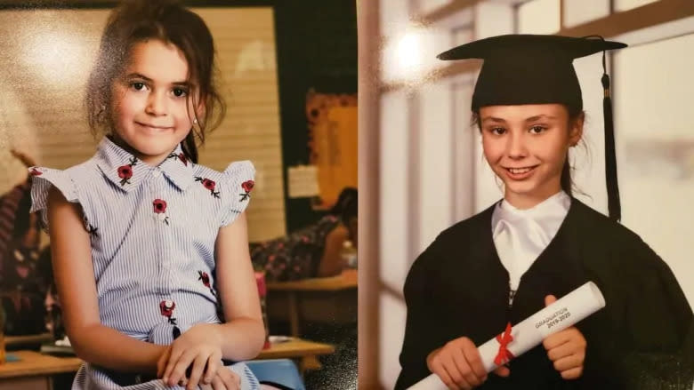 Norah Carpentier, 11, right, is described as thin, wearing a white hat and white Nike sandals. Romy Carpentier, 6, is described as wearing a pink shirt and heart-shaped earrings. (Submitted by Amber Alerte Québec)