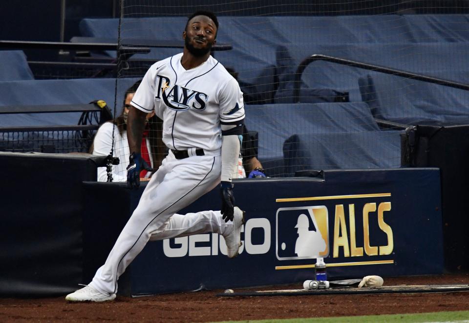 ALCS Game 7: Rays outfielder Randy Arozarena celebrates his two-run home run in the first inning.