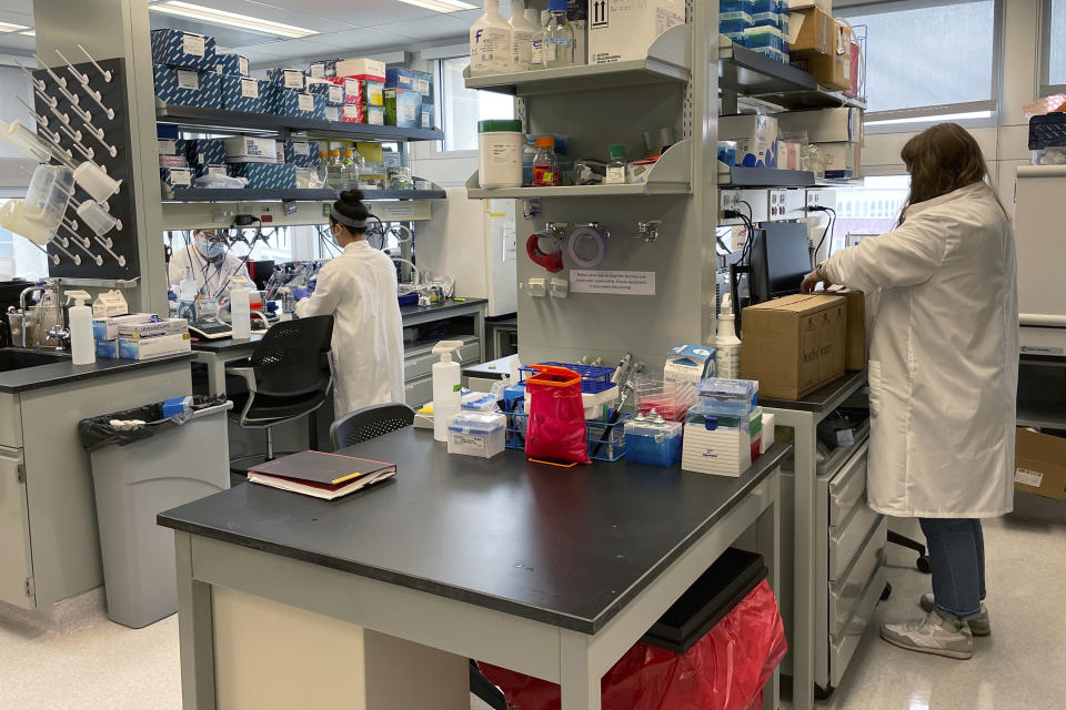 Graduate program students Emma Lancaster, right, Emily Lu, center, and Fan He, left, work to extract remnants of COVID-19 in wastewater samples, March 23, 2022 at a school lab at the Ohio State University in Columbus, Ohio. (AP Photo/Patrick Orsagos)