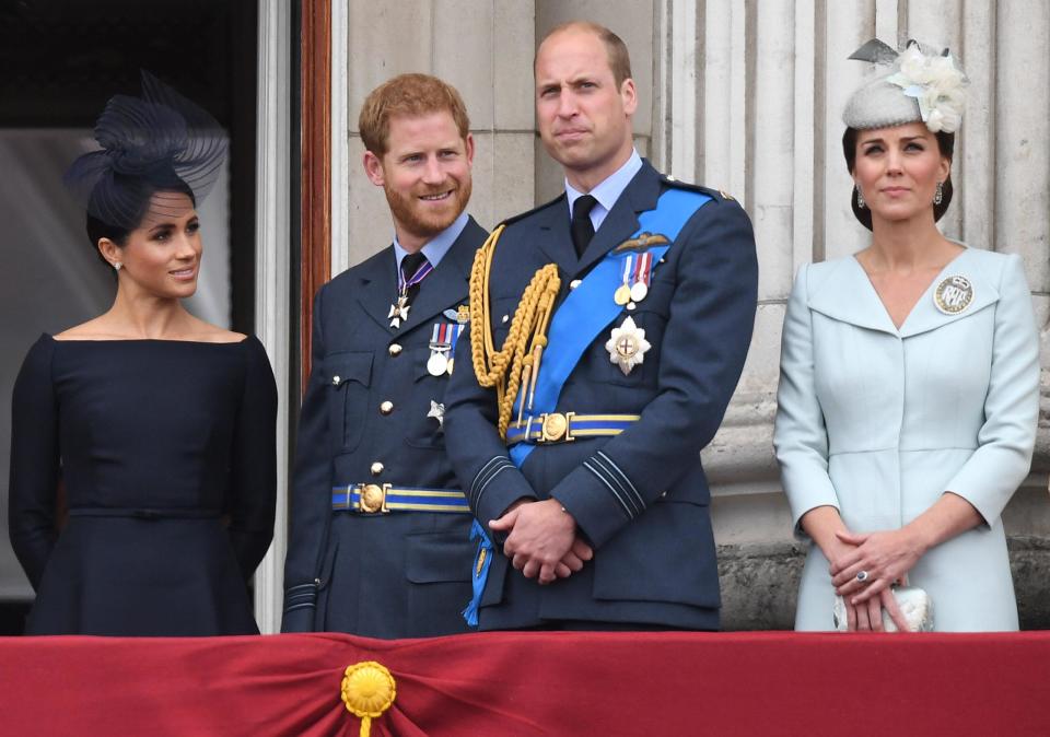 Meghan Markle, Duchess of Sussex, Prince Harry, Duke of Sussex, and the Duke and Duchess of Cambridge attend the RAF100 flypast at Buckingham Palace in London, United Kingdom on July 10, 2018. 10 July 2018