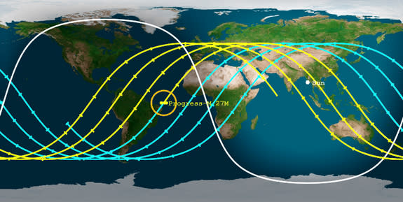 This Aerospace Corporation map shows the potential re-entry paths of Russia's doomed Progress 59 spacecraft, with re-entry plots for Friday, May 8 at 1:40 a.m. ET (0540 GMT), plus or minus 5 hours.