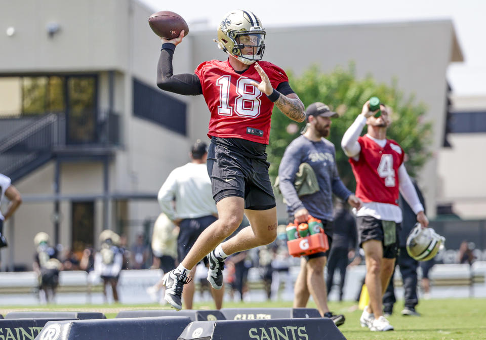 Spencer Rattler (18) was once considered a potential first-round quarterback. Now he's trying to become the Saints' QB of the future. (Photo by Derick E. Hingle/Getty Images)