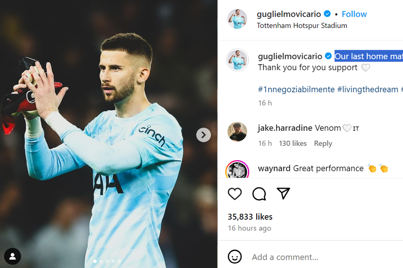 Guglielmo Vicario has posted to Instagram after Man City beat Tottenham