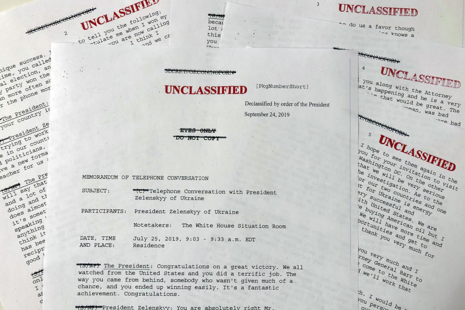 A White House-released rough transcript of President Donald Trump's July 25, 2019 telephone conversation with Ukraine's newly elected president Volodymyr Zelenskiy, released Wednesday, Sept. 25, 2019. (AP Photo/Wayne Partlow)