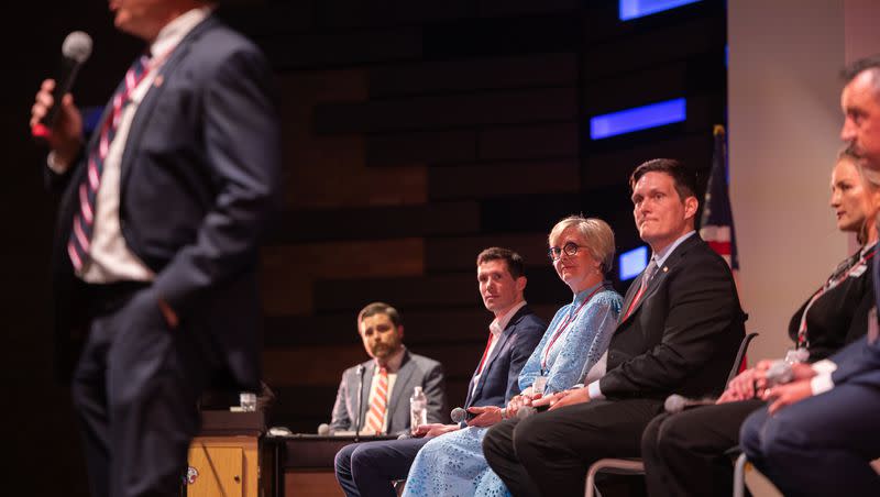 Utah Congressional 2nd District candidates listen as Bill Hoster speaks during the first 2nd District  debate at Woods Cross High School in Woods Cross on Tuesday, June 20, 2023.