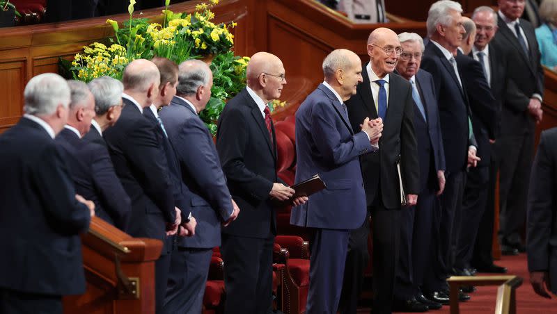 President Russell M. Nelson of The Church of Jesus Christ of Latter-day Saints gestures to attendees during the 193rd Annual General Conference of The Church of Jesus Christ of Latter-day Saints in Salt Lake City on Saturday, April 1, 2023.