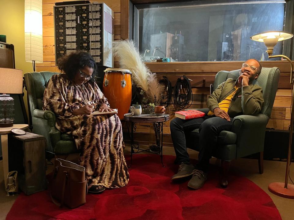 Author Victor Luckerson and Alabama State University Department of Languages and Literature Chair Jacqueline Trimble conduct an interview for Luckerson's upcoming multimedia concert event, "Built From the Fire: A Talking Book."